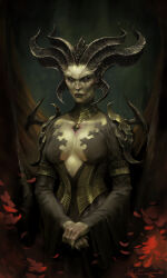 Rule 34 | 1girl, absurdres, black dress, black lips, breasts, brianmoncus, cleavage, demon, demon girl, demon horns, demon wings, diablo (series), dress, expressionless, fingernails, frown, heterochromia, highres, horns, lilith (diablo), looking at viewer, medium breasts, petals, rose petals, sharp fingernails, solo, wings