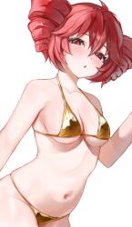 1girl :o ahoge bare_shoulders bikini blush breasts collarbone drill_hair gold_bikini hashtag-only_commentary highres kasane_teto kiiume0 looking_at_viewer medium_hair navel nude open_mouth red_eyes red_hair simple_background solo stomach swimsuit twin_drills twintails utau white_background