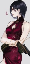 Rule 34 | 1girl, ada wong, bare shoulders, black gloves, black hair, breasts, china dress, chinese clothes, chinese commentary, cleavage cutout, closed mouth, clothing cutout, commentary request, cowboy shot, crossed arms, dress, earrings, gloves, grey background, gun, heart, holding, holding gun, holding weapon, jewelry, lips, looking to the side, medium breasts, meow (cindy738), pink lips, red dress, resident evil, short hair, sleeveless, sleeveless dress, solo, stud earrings, weapon