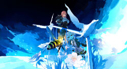 2girls absurdres armor bee bird black_choker black_gloves black_necktie blue_horns blue_oni blue_skin bug choker collared_shirt colored_skin deliaoqingquedebing_sty flower glasses gloves hair_between_horns high-waist_skirt highres horns insect long_hair multiple_girls necktie oni pencil_skirt pink_eyes pink_hair shirt shoulder_armor skirt smile soukaku_(zenless_zone_zero) tsukishiro_yanagi white_bird white_flower white_hair white_shirt zenless_zone_zero