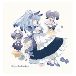 1girl :o animal_ear_hairband animal_ears apron blue_dress blue_flower blue_hair blue_hairband blue_rose blue_sleeves blunt_bangs blunt_ends border bowl cake cake_slice character_name chinese_commentary colored_eyelashes commentary_request crossover dress fake_animal_ears fake_tail flower food frilled_apron frilled_dress frills full_body gen_8_pokemon hair_flower hair_ornament hairband holding holding_bowl holding_plate indeedee indeedee_(female) indeedee_(male) juliet_sleeves long_dress long_hair long_sleeves looking_at_viewer maid maid_headdress nintendo original outline parted_lips petals pink_eyes planet planetary_ring plate pokemon pokemon_(creature) ponytail puffy_sleeves rabbit_ears rose satonishi sidelocks simple_background star_(symbol) steam tail white_apron white_border white_outline yellow_background