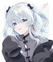 1girl black_bow black_coat blush border bow coat commentary earrings green_eyes grey_shirt hair_bow hashtag-only_commentary heart heart_in_eye highres indie_virtual_youtuber jewelry looking_at_viewer nekomugi_tororo open_clothes open_coat outside_border shirt solo sudasamo symbol_in_eye tassel tassel_earrings tongue tongue_out two_side_up upper_body virtual_youtuber white_border white_hair