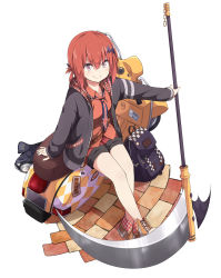 Rule 34 | &gt;:), 10s, 1girl, backpack, bag, bat hair ornament, c:, commentary request, dress shirt, female focus, flag print, gabriel dropout, hair ornament, highres, holding, jacket, long hair, looking at viewer, motor vehicle, necktie, print necktie, red hair, red shirt, satanichia kurumizawa mcdowell, scooter, scythe, shirt, shorts, sitting, sitting on object, smile, solo, ukami, union jack, v-shaped eyebrows