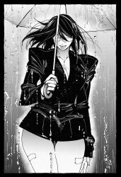 1girl :p bandaid_on_thigh black_border black_dress border commentary dress hachinuki_tetsuyo hair_between_eyes highres holding holding_umbrella jimiko jitome looking_at_viewer medium_hair mob_face moire original rain she_(hachinuki_tetsuyo) short_dress solo straight-on thigh_gap tongue tongue_out umbrella