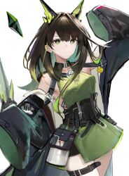 1girl absurdres aqua_hair arknights arm_up bare_shoulders belt belt_buckle black_belt black_coat breasts bright_pupils brown_hair buckle closed_mouth coat crystal ema_(kuguiema) green_eyes green_hair highres long_hair looking_at_viewer medium_breasts mon3tr_(arknights) multicolored_hair personification simple_background sleeves_past_fingers sleeves_past_wrists solo split_mouth thigh_belt thigh_strap white_background white_pupils