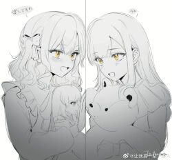 2girls aged_down bang_dream! bang_dream!_it&#039;s_mygo!!!!! blush chinese_commentary commentary_request long_hair long_sleeves medium_hair multiple_girls open_mouth simple_background siy_(shengxiu760722) stuffed_animal stuffed_toy togawa_sakiko togawa_sakiko&#039;s_doll translation_request two_side_up upper_body wakaba_mutsumi watermark weibo_watermark white_background yellow_eyes