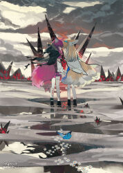 2girls animal_ear_fluff animal_ears arknights black_boots black_cloak blonde_hair blue_butterfly blue_dress blue_hairband boots brown_vest bug butterfly cape cloak cloud cloudy_sky commentary_request crystal daisy_(flower) dress face-to-face flower fox_ears fox_tail frilled_sleeves frilled_wrist_cuffs frills from_behind full_body hair_over_eyes hairband highres holding_hands hood hood_down hooded_cloak injury insect long_hair long_sleeves looking_at_another mixed-language_commentary multiple_girls multiple_tails originium_(arknights) outdoors pantyhose pink_hair pink_shorts puddle red_eyes red_medicine reflection reflective_water shamare_(arknights) shirt short_shorts shorts sky straight_hair suzuran_(arknights) tail thighhighs torn_clothes torn_sleeves vest watermark weibo_watermark white_cape white_flower white_pantyhose white_shirt white_thighhighs white_wrist_cuffs wrist_cuffs yuri