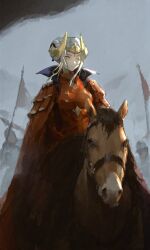 1girl armor army breasts brown_horse cape edelgard_von_hresvelg edelgard_von_hresvelg_(timeskip) expressionless fake_horns fire_emblem fire_emblem:_three_houses flag gem highres horns horse horseback_riding jewelry medium_breasts nintendo red_armor red_cape red_gemstone riding solo_focus white_hair yellow_eyes yellow_horns yi_12199
