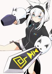 Rule 34 | 1girl, animal ears, arm blade, arm cannon, black jacket, blue eyes, cosplay, digimoji, digimon, fox ears, fox girl, fox tail, highres, hololive, jacket, mitosupa (qsiqydfz7nesh9w), omegamon, omegamon (cosplay), shirakami fubuki, simple background, solo, sword, tail, virtual youtuber, weapon, white background, white hair