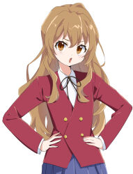 1girl aisaka_taiga blue_skirt brown_eyes brown_hair brown_ribbon buttons collared_shirt commentary_request cowboy_shot double-breasted hair_between_eyes hands_on_own_hips highres jacket ko^^ light_blush long_hair long_sleeves looking_at_viewer neck_ribbon oohashi_high_school_uniform open_mouth pleated_skirt red_jacket ribbon school_uniform shirt simple_background skirt solo standing toradora! white_background white_shirt
