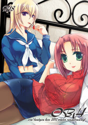 10s 2012 2girls bed blonde_hair breasts brown_eyes cover green_eyes impossible_clothes indoors large_breasts long_hair looking_at_viewer midriff miniskirt multiple_girls nail_polish nurse osu!_banchou panties pantyshot red_hair ribbed_sweater romaji_text sakurai_machiko school_nurse school_uniform see-through_clothes serafuku shippuu_no_saki short_hair skirt sweater text_focus thighhighs underwear yuuki_sayaka