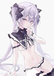 1girl bikini bikini_skirt black_bow black_choker black_thighhighs blush bow breasts choker detached_collar gloves grey_eyes hair_bow highres looking_at_viewer micro_bikini mizupuruta navel original partially_fingerless_gloves simple_background sitting small_breasts solo swimsuit thigh_strap thighhighs twintails white_background white_bikini white_gloves white_hair