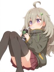 1girl @_@ ahoge ass black_thighhighs can coat convenient_censoring drink_can drinking drinking_straw female_focus genericibuki555 hair_ornament hairclip hibi_wa_sugiredo_meshi_umashi higa_tsutsuji holding long_hair long_sleeves monster_energy no_shoes purple_eyes simple_background sitting skirt solo thighhighs white_background