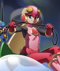 1boy 1girl bdsm black_bodysuit blonde_hair bodysuit chiyoko_(chokochokotto) closed_mouth gloves green_eyes helmet holding holding_whip leotard long_hair looking_at_viewer mega_man_(series) mega_man_battle_network_(series) megaman.exe netnavi pink_bodysuit pink_helmet pink_leotard roll.exe_(mega_man) smile thighhighs