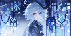 1girl absurdres ascot black_gloves blue_ascot blue_background blue_brooch blue_eyes blue_hair blue_hat blue_jacket blue_theme chinese_commentary closed_mouth commentary_request crescent_moon drop-shaped_pupils furina_(genshin_impact) genshin_impact gloves hair_between_eyes hand_on_own_chest hand_up hat heterochromia highres jacket long_hair long_sleeves looking_at_viewer moon multicolored_hair nanbei_juzi_ling smile solo sparkle stained_glass streaked_hair symbol-shaped_pupils top_hat upper_body white_hair
