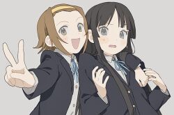 Rule 34 | 2girls, :d, akiyama mio, arm around shoulder, black hair, brown eyes, brown hair, furrowed brow, grey background, grey eyes, hairband, highres, k-on!, long hair, medium hair, multiple girls, nq7sny, open mouth, sakuragaoka high school uniform, school uniform, sidelocks, simple background, smile, tainaka ritsu, upper body, v, yellow hairband