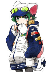 Rule 34 | 1girl, alternate costume, animal hat, anzu yoshihiro, black eyes, blush stickers, cat hat, cat tail, dejiko, di gi charat, eyewear on head, glove in mouth, gloves, green-tinted eyewear, green eyes, green hair, hat, headphones, headphones around neck, highres, hood, hood down, hooded jacket, jacket, looking at viewer, mouth hold, pantyhose, simple background, solo, tail, tinted eyewear, white background, white gloves