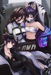 3girls absurdres anizi bandeau bare_shoulders between_breasts black_bodysuit black_hair black_pants blush bodysuit breasts brown_hair chain chain_leash cleavage closed_mouth collar collarbone commentary_request covered_mouth covered_navel cuffs double_bun goddess_of_victory:_nikke green_hair guilty_(nikke) hair_between_eyes hair_bun hair_ornament highres holding_another&#039;s_leg holographic_clothing jacket jewelry large_breasts leash long_hair long_hair_between_eyes long_sleeves looking_at_viewer mask mask_on_head medium_breasts mouth_mask multicolored_hair multiple_girls navel necklace off_shoulder official_alternate_costume open_clothes open_jacket pants ponytail purple_eyes purple_hair quency_(escape_queen)_(nikke) quency_(nikke) real_kindness_(nikke) red_eyes red_hair shackles sin_(nikke) sitting sitting_on_person smirk stomach straitjacket strapless two-tone_hair white_bandeau white_mask yoga_pants