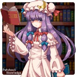 1girl blue_bow blue_ribbon blunt_bangs book bookshelf border bow bowtie capelet character_name closed_mouth commentary_request crescent crescent_hat_ornament dress expressionless floating floating_book floating_object hair_bow hat hat_ornament hat_ribbon holding holding_book long_hair looking_at_viewer mob_cap partial_commentary patchouli_day patchouli_knowledge pink_dress pixel_art purple_eyes purple_hair red_bow red_ribbon ribbon solo toshi6786 touhou twitter_username very_long_hair watermark white_border wide_sleeves