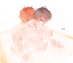 004s_4 2boys alternate_hairstyle bath bathing bathing_together genshin_impact head_on_another&#039;s_shoulder image_sample long_hair multiple_boys pixiv pixiv_sample tartaglia_(genshin_impact) updo yaoi zhongli_(genshin_impact)