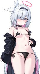 Rule 34 | 1girl, absurdres, alternate costume, amae, bikini, black bikini, black choker, black coat, black hairband, blue archive, blush, bow, braid, breasts, cameltoe, choker, closed mouth, coat, collarbone, covered navel, cowboy shot, dot mouth, dot nose, embarrassed, front braid, grey eyes, groin, hair bow, hair over one eye, hairband, halo, highres, long hair, looking at viewer, micro bikini, multicolored hair, off shoulder, pink hair, plana (blue archive), red halo, side-tie bikini bottom, side braid, simple background, sleeves past wrists, small breasts, solo, string bikini, sweatdrop, swimsuit, two-tone hair, very long hair, white background, white bow, white hair