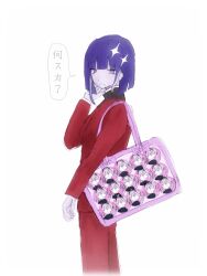 1boy 1girl bag brother_and_sister handbag highres japanese_text long_sleeves pink_eyes purple_hair siblings simple_background the_hundred_line_-last_defense_academy- tsukumo_ima tsukumo_kako twins white_background