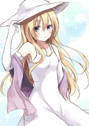 Rule 34 | 1girl, blush, dress, elbow gloves, female focus, gloves, hand on headwear, hat, long hair, looking at viewer, marie (seihou), seihou, smile, solo, sun hat, sundress, toosaka asagi, white dress