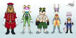 2024 2boys 3girls absurdres amanda_(star_fox) belt bill_grey blue_background blue_eyes boots bow facing_viewer fingerless_gloves full_body general_pepper gloves gradient_background green_eyes hair_bow hat helmet highres jacket katt_monroe lucy_hare lummh military_hat military_uniform multiple_boys multiple_girls nintendo pink_eyes purple_eyes smile standing star_fox star_fox_64 star_fox_command