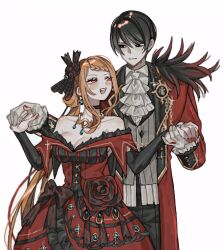 1boy 1girl black_eyes black_hair dress flower gloves hair_flower hair_ornament highres jacket jewelry jouge2983 long_hair open_mouth priscilla_barielle re:zero_kara_hajimeru_isekai_seikatsu red_dress red_eyes red_hair red_jacket shirt smile vincent_vollachia white_background white_gloves white_shirt