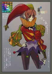 Rule 34 | 1boy, alternate costume, androgynous, asymmetrical legwear, asymmetrical sleeves, bakushi (smys2017), black eyes, black leggings, black nails, blunt bangs, blunt ends, bob cut, border, bow, brown hair, buttoned cuffs, buttons, card, character name, character profile, closed mouth, color guide, colored sclera, colored skin, commentary request, cropped legs, crossed arms, extra arms, familiar, fingernails, gradient background, green hat, green sleeves, grey background, grey border, hand on own hip, hat, holding, holding card, jester, jester cap, jester costume, leggings, legs apart, long sleeves, looking at viewer, makeup, male focus, medium hair, mismatched sleeves, monster boy, neck ruff, nose, pale skin, parted bangs, playing card, pointy nose, puff and slash shorts, puff and slash sleeves, puffy long sleeves, puffy sleeves, pulcinella (vlad grimms), purple shirt, red hat, red sclera, red sleeves, shirt, simple background, smile, smirk, solo, tied sleeves, translation request, two-tone hat, vampire, vlad grimms, white background, white skin, yellow bow, yellow collar, yellow sleeve cuffs