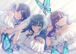 3girls absurdres ahoge antenna_hair armpit_crease bed_sheet blue_butterfly blue_hair blush braid bug butterfly butterfly_hair_ornament collarbone commentary_request dress frilled_dress frills gakuen_idolmaster green_hair hair_ornament hair_spread_out hataya_misuzu highres holding_hands idolmaster insect kaya_rinha long_hair looking_at_viewer lying misanga_(hxjd5354) multiple_girls off-shoulder_dress off_shoulder on_back on_side purple_hair short_hair sleeping syngup!_(idolmaster) tsukimura_temari twintails upper_body very_long_hair white_dress