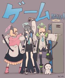 1boy 4girls :p absurdres animal_ear_headphones animal_ears aris_(blue_archive) arms_at_sides arms_up black_hair black_shorts black_skirt black_thighhighs blonde_hair blue_archive blue_eyes blue_halo blue_necktie boots cat_ear_headphones doodle_sensei_(blue_archive) dragon_ball facing_viewer fake_animal_ears game_development_department_(blue_archive) ginyu_force_pose green_eyes halo headphones highres hood hoodie in_locker kai_xin kei_(robot)_(blue_archive) leg_up locker looking_at_viewer midori_(blue_archive) momoi_(blue_archive) multiple_girls necktie open_mouth pink_boots pink_eyes pink_halo pleated_skirt sensei_(blue_archive) shirt shorts skirt tail thighhighs tongue tongue_out v-shaped_eyebrows white_shirt yuzu_(blue_archive)