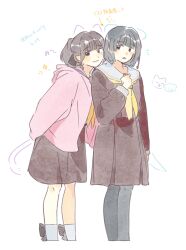 2girls :3 absurdres animal_ears animification arms_behind_back arrow_(symbol) artist_name beamed_eighth_notes black_bow black_hair blunt_bangs bob_cut bow bow_legwear brown_dress brown_hair cat_ears cat_tail chinese_commentary chinese_text clenched_hand closed_mouth commentary_request cropped_legs dated dog_ears dog_tail drawn_ears drawn_tail dress feet_out_of_frame hand_on_own_chest hasu_no_sora_school_uniform highres hood hooded_jacket jacket kurusu_rin leaning_forward light_smile link!_like!_love_live! long_hair long_sleeves looking_at_another looking_at_viewer love_live! medium_dress medium_hair multiple_girls musical_note neckerchief notice_lines open_clothes open_jacket parted_lips pink_jacket pleated_dress ponytail real_life sailor_collar sailor_dress sakurai_hina school_uniform sidelocks signature simple_background socks sparkle tail translation_request voice_actor white_background white_sailor_collar white_socks winter_uniform woodonly yellow_neckerchief