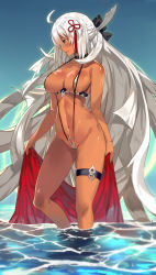 1girl ahoge bad_id bad_pixiv_id bare_shoulders black_bow blush bow breasts choker cleavage closed_mouth club3 collarbone dark-skinned_female dark_skin fate/grand_order fate_(series) female_focus grey_eyes highres hip_focus koha-ace large_breasts long_hair navel okita_souji_(fate) okita_souji_alter_(fate) one-piece_swimsuit slingshot_swimsuit smile solo swimsuit tassel thigh_strap thighs very_long_hair wading water white_hair white_one-piece_swimsuit white_slingshot_swimsuit