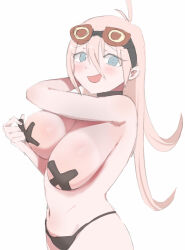 1girl :d antenna_hair bababaeki00 black_choker black_panties blonde_hair blush breasts choker danganronpa_(series) danganronpa_v3:_killing_harmony goggles goggles_on_head green_eyes hair_between_eyes highres iruma_miu large_breasts navel open_mouth panties pasties simple_background smile topless_female underwear white_background