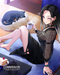 1girl barefoot black_hair black_shirt black_skirt blue_eyes blush breasts cake cat coffee coffee_mug commentary_request commission cup food highres holding holding_cup indoors large_breasts long_hair looking_at_viewer mug niwatori_(satoru0201) one_eye_closed original parted_lips shirt sitting skeb_commission skirt solo table thank_you thighs watch wristwatch