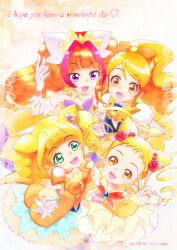 4girls absurdres amanogawa_kirara artist_name black_vest blonde_hair brooch brown_hair butterfly_brooch clover_earrings color_connection cone_hair_bun cure_honey cure_lemonade cure_sparkle cure_twinkle dated double_bun dress drill_hair earrings english_text fingerless_gloves flower gloves go!_princess_precure green_eyes hair_bun hair_flower hair_ornament happinesscharge_precure! healin&#039;_good_precure heart heart_brooch heart_hair_ornament highres hiramitsu_hinata in-franchise_crossover jacket jewelry kasugano_urara_(yes!_precure_5) kawaiikimobuta long_hair looking_at_viewer magical_girl medium_hair multiple_girls oomori_yuuko open_mouth orange_eyes orange_jacket pom_pom_(clothes) pom_pom_earrings precure puffy_short_sleeves puffy_sleeves purple_eyes red_flower red_rose rose in-franchise_crossover shirt short_sleeves smile star_(symbol) star_earrings swept_bangs two_side_up vest w white_gloves white_shirt yellow_dress yes!_precure_5 yes!_precure_5_gogo!
