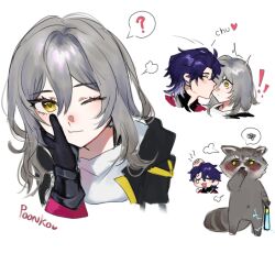 ! !! 1boy 1girl ? black_gloves blush chibi closed_mouth couple gloves grey_eyes grey_hair hair_between_eyes hand_on_another&#039;s_face heart hetero highres honkai:_star_rail honkai_(series) jacket kiss long_hair looking_at_viewer one_eye_closed open_mouth ppoonko purple_eyes purple_hair raccoon sampo_koski shirt short_hair simple_background speech_bubble spoken_question_mark spoken_squiggle squiggle stelle_(honkai:_star_rail) tears trailblazer_(honkai:_star_rail) white_background white_shirt yellow_eyes