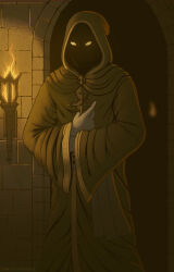 Rule 34 | 1boy, brown robe, commentary, commission, cross, dark, dungeon, glowing, glowing eyes, holding, holding cross, male focus, original, robe, rocktopus64, solo, torch, wide sleeves