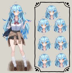 Rule 34 | 1girl, absurdres, ahoge, black skirt, blue hair, blush, breasts, brown background, candy, collarbone, elf, flower, food, full body, hair flower, hair ornament, heart, heart ahoge, highres, holding, holding candy, holding food, holding lollipop, hololive, jacket, large breasts, leg warmers, lollipop, miniskirt, multiple expressions, one eye closed, pleated skirt, pointy ears, school uniform, shirt, simple background, skirt, tied jacket, virtual youtuber, white leg warmers, white shirt, winvita, yukihana lamy