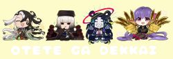 2boys 2girls ashiya_douman_(fate) bell black_eyes black_hair black_pantyhose blue_hair chibi closed_eyes fate/grand_order fate_(series) grey_hair grin hair_bell hair_ornament halo hat heart highres japanese_clothes kimono long_hair mechanical_hands multiple_boys multiple_girls pantyhose passionlip_(fate) pink_eyes purple_hair romaji_text seiza sen_no_rikyu_(fate) sen_no_rikyu_(second_ascension)_(fate) sharp_teeth sitting smile taisui_xingjun_(fate) teeth twitter_username uirou_(yomogi_aji) very_long_hair white_hair yellow_background