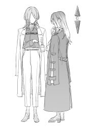 2girls belt_buckle boots buckle chest_belt chief_(path_to_nowhere) coat coat_on_shoulders collared_shirt crossed_arms dress_pants dress_shoes faceless faceless_female female_chief_(path_to_nowhere) frilled_sleeves frills full_body gradient_hair greyscale hand_on_own_chin high-waist_pants high_heel_boots high_heels highres lab_coat lapels long_hair monochrome multicolored_hair multiple_girls name_tag notched_lapels pants path_to_nowhere pocket pointy_nose shalom_(path_to_nowhere) shirt simple_background socks standing swept_bangs toho10min turtleneck turtleneck_shirt undershirt white_background