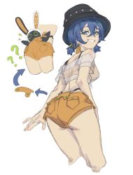 1girl ? ?? absurdres ass belle_(zenless_zone_zero) blue_hair eous_(zenless_zone_zero) from_behind highres official_alternate_costume orange_shorts sehnng shorts simple_background smile solo white_background zenless_zone_zero