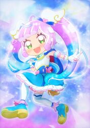 Rule 34 | + +, 1girl, :d, ahoge, alternate hairstyle, ankle boots, armpit peek, asukamama89, blue background, blue boots, blue cape, blue dress, blue hair, blush, boots, bow, brooch, cape, colored shoe soles, commentary, cosplay, cure sky, cure sky (cosplay), detached sleeves, dress, dress bow, fingerless gloves, fringe-trimmed cape, fringe trim, full body, gloves, gradient background, gradient hair, green eyes, hair ornament, happy, highres, hirogaru sky! precure, jewelry, long hair, looking at viewer, magical girl, medium dress, midair, monster girl, multicolored hair, open mouth, outstretched arm, pink bow, precure, puffy detached sleeves, puffy sleeves, puniru (puniru wa kawaii slime), puniru wa kawaii slime, purple background, purple hair, red cape, sleeveless, sleeveless dress, slime girl, slime hair, smile, solo, sparkle, sparkle background, thighhighs, twintails, two-sided cape, two-sided fabric, two-tone background, two-tone dress, two-tone hair, v, very long hair, white dress, white gloves, white thighhighs, wing brooch, wing hair ornament