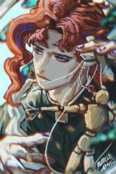 1boy asymmetrical_bangs blurry_edges cherry_earrings chinese_commentary earrings eyelashes food-themed_earrings food_themed_earrings gakuran highres holding jewelry jojo_no_kimyou_na_bouken kakyoin_noriaki looking_to_the_side male_focus marionette medium_hair puppet purple_eyes purple_nails quanmingwu red_hair school_uniform solo stardust_crusaders