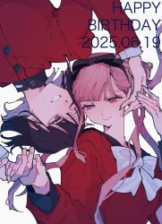 1boy 1girl black_bow black_hair black_hairband black_sailor_collar bow bowtie brother_and_sister dated english_text eyelashes hair_bow hairband happy_birthday hashtag-only_commentary highres holding_hands jacket long_hair long_sleeves pink_eyes pink_hair red_jacket red_shirt rotational_symmetry sailor_collar sailor_shirt shirt short_hair siblings taki_(takiki_0w0) the_hundred_line_-last_defense_academy- tsukumo_ima tsukumo_kako twins white_bow white_bowtie