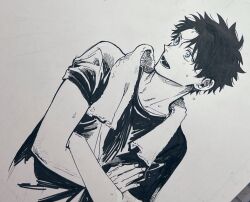 1boy black_hair black_shirt blue_eyes crossed_arms fate/grand_order fate_(series) fujimaru_ritsuka_(male) greyscale_with_colored_eyes highres looking_to_the_side maripaka open_mouth shirt short_hair solo sweat towel towel_around_neck traditional_media upper_body