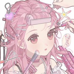 Rule 34 | 1girl, adjusting another&#039;s hair, applying another&#039;s makeup, applying makeup, bare shoulders, bead necklace, beads, black ribbon, bow, bow choker, bowtie, bra strap, brown eyes, choker, collarbone, disembodied hand, dot nose, expressionless, eyelashes, hair beads, hair ornament, hair ribbon, hair rollers, hairclip, heart, highres, holding, holding brush, holding makeup brush, holding ribbon, infinity nikki, jewelry, light blush, long hair, looking ahead, makeup, makeup brush, mascara, mascara wand, nail polish brush, necklace, nikki (nikki), nikki (series), off-shoulder shirt, off shoulder, open mouth, perfect start (infinity nikki), pink bow, pink bowtie, pink choker, pink hair, powder puff, ribbon, shirt, simple background, single stripe, solo focus, starfish, striped bow, striped choker, suannai pidong, upper body, white background, white ribbon, white shirt, x hair ornament