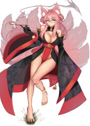1girl animal_ear_fluff animal_ears bare_legs barefoot black_dress black_gloves breasts cleavage commentary commission dress english_commentary fate/grand_order fate_(series) feet fox_ears fox_girl fox_tail full_body glasses gloves highres holding holding_smoking_pipe japanese_clothes kapi-san kiseru koyanskaya_(fate) large_breasts legs long_hair multiple_tails pelvic_curtain pink_hair simple_background smoking_pipe solo tail tamamo_(fate) toes yellow_eyes