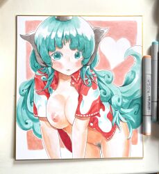 1girl absurdres art_tools_in_frame blue_eyes blue_hair blue_pubic_hair blush bottomless breasts closed_mouth cloud_print colored_pubic_hair commentary_request cowboy_shot curly_hair female_pubic_hair highres kariyushi_shirt komano_aunn large_breasts leaning_forward looking_at_viewer nipples open_clothes open_shirt pubic_hair red_shirt shikishi shirt smile solo touhou yawdeone